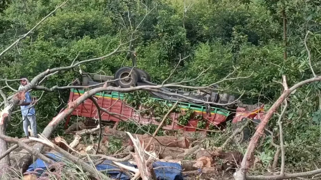 ପେଟା-ଘାଟିରୁ-୩୦୦-ଫୁଟ-ତଳକୁ-ଖସିଲା-କାଠ-ବୋଝେଇ-ଟ୍ରକ୍,-ଅଳ୍ପକେ-ବର୍ତ୍ତିଲେ-ଡ୍ରାଇଭର